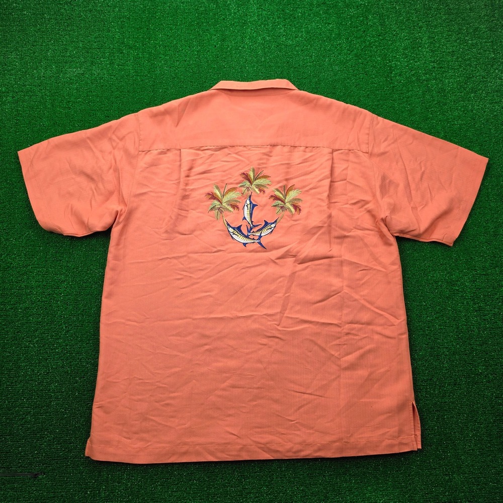 Hook & Tackle Camp Shirt Mens Large Button Up Embroidered Marlin Palm Tree Beach